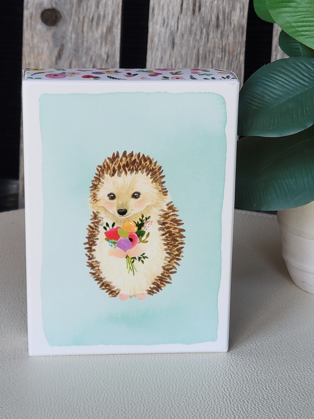 Hedgehog Note Card Set with Floral Bouquet- Pale Blue- Papyrus